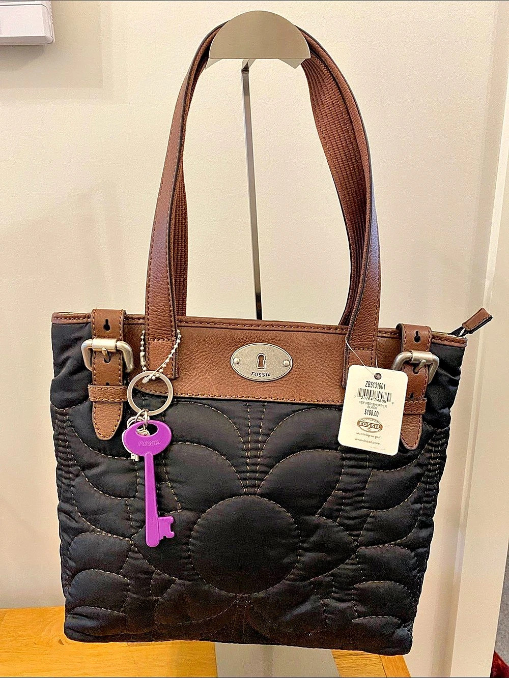 Fossil Keyper Shopper Quilted Tote in Black & Brown NWT
